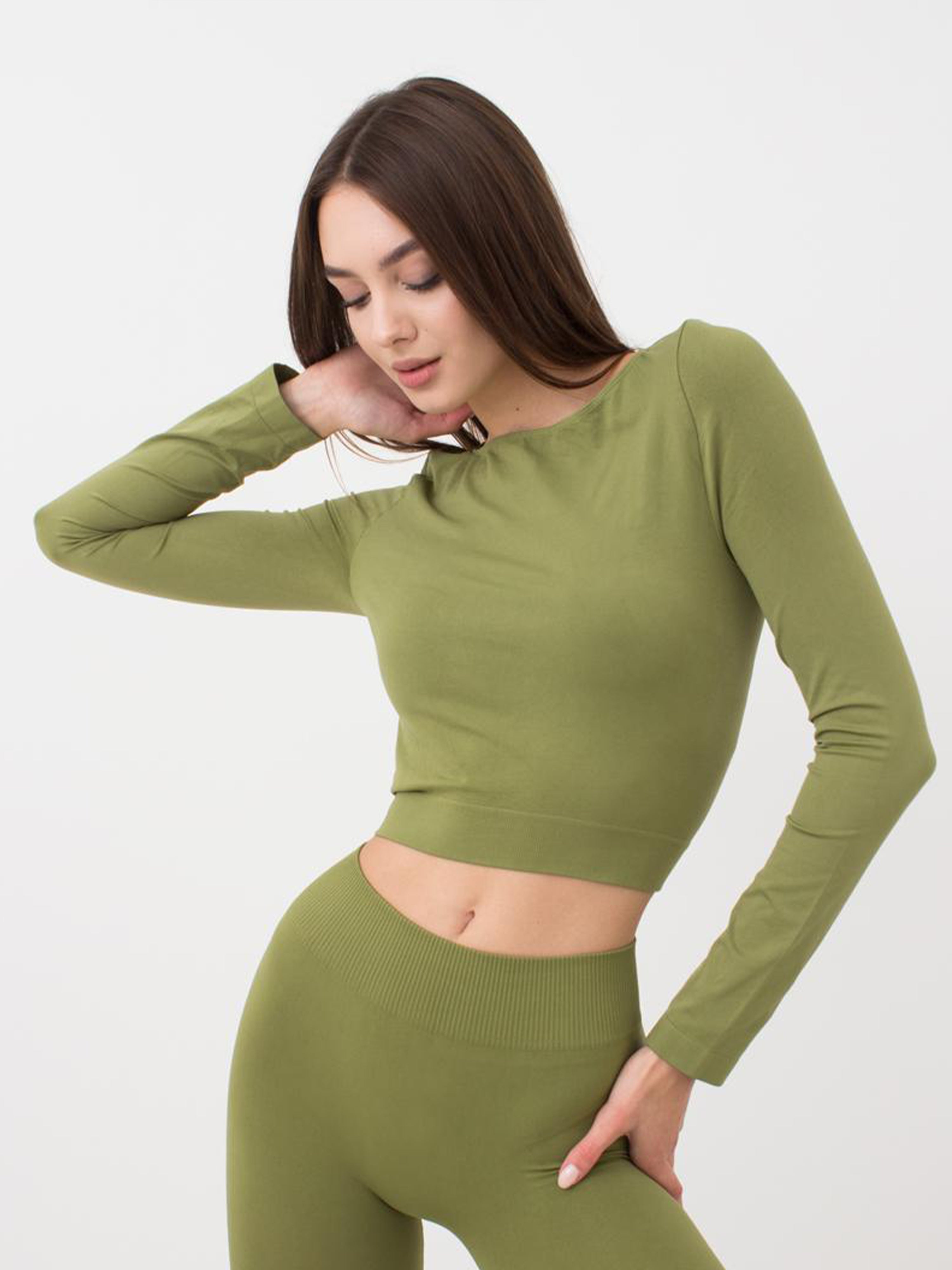 Seamless Cropped Long Sleeve Top in Olive