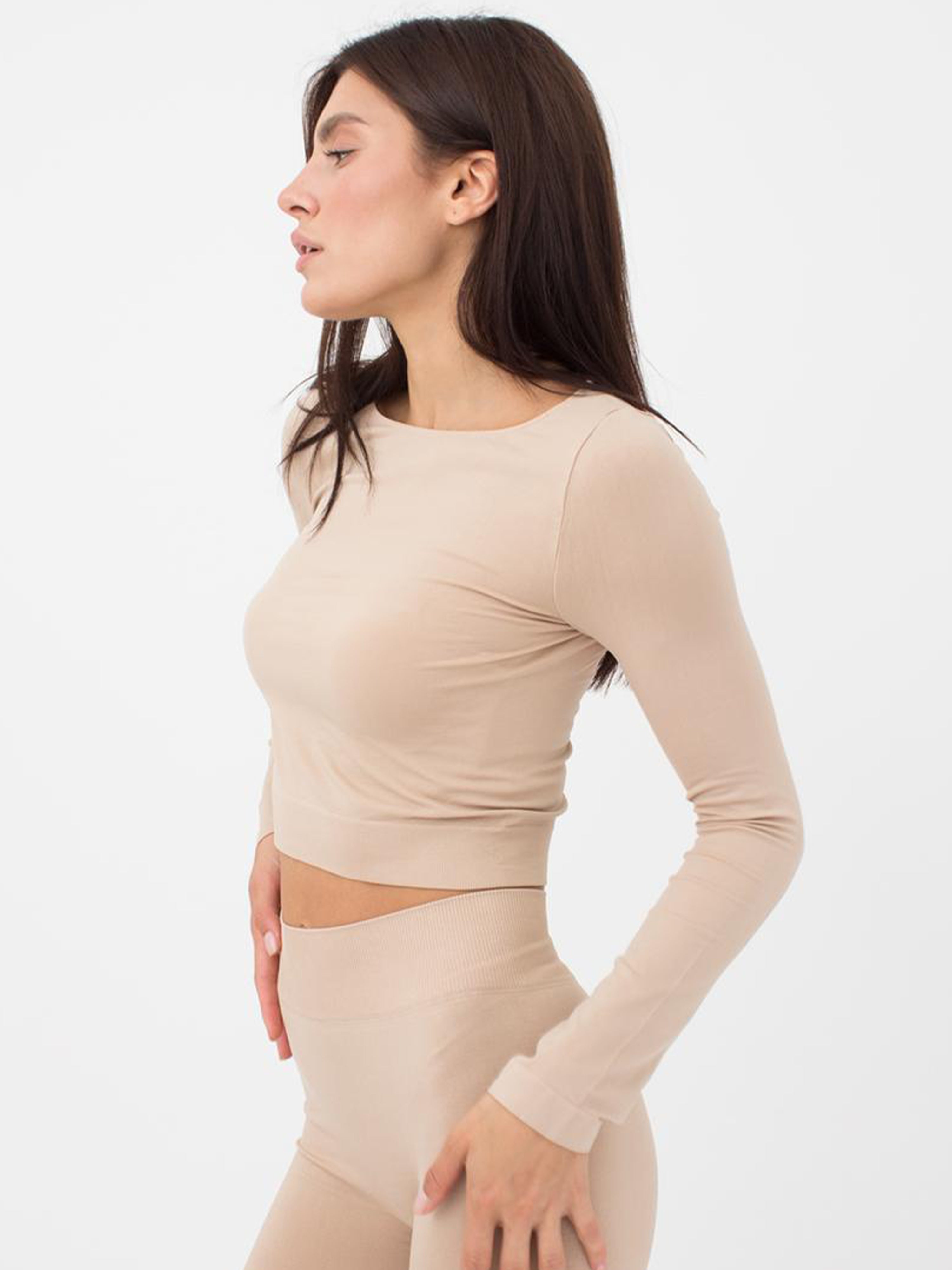 Seamless Cropped Long Sleeve Top in Beige