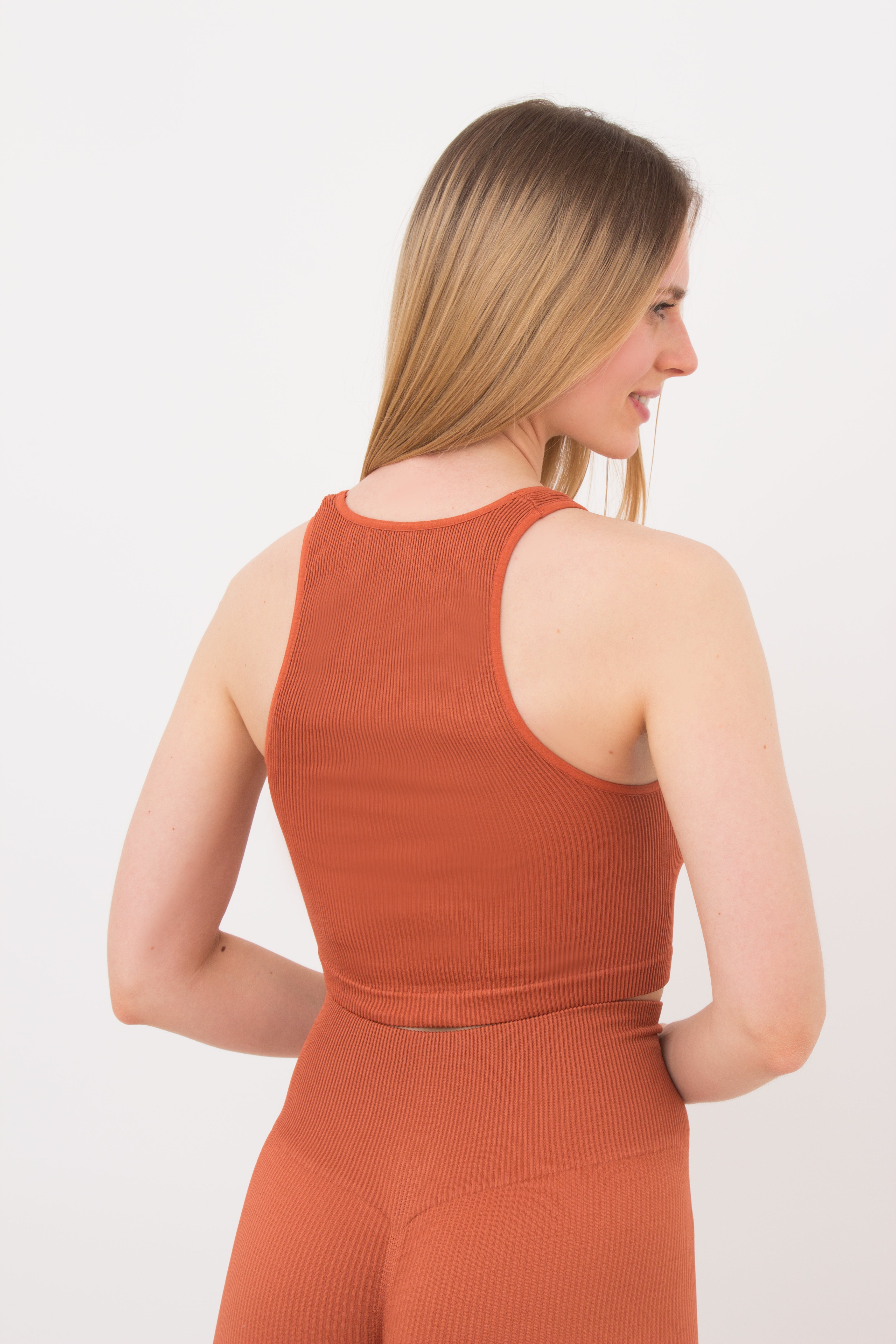 Seamless Ribbed Halter Crop Top in Deep Orange