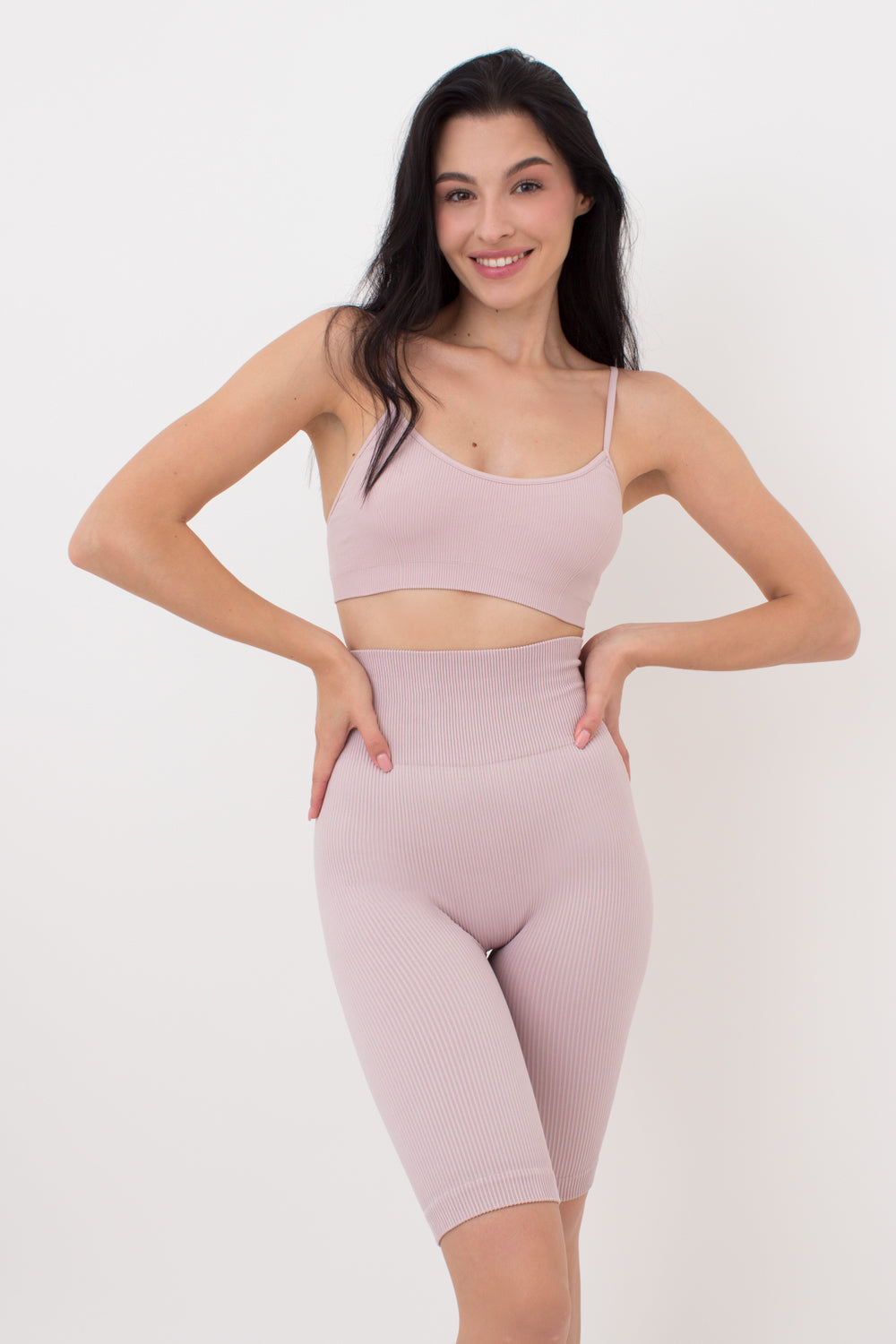 Seamless Ribbed Above Knee Scrunch Bike Shorts in Pastel Pink