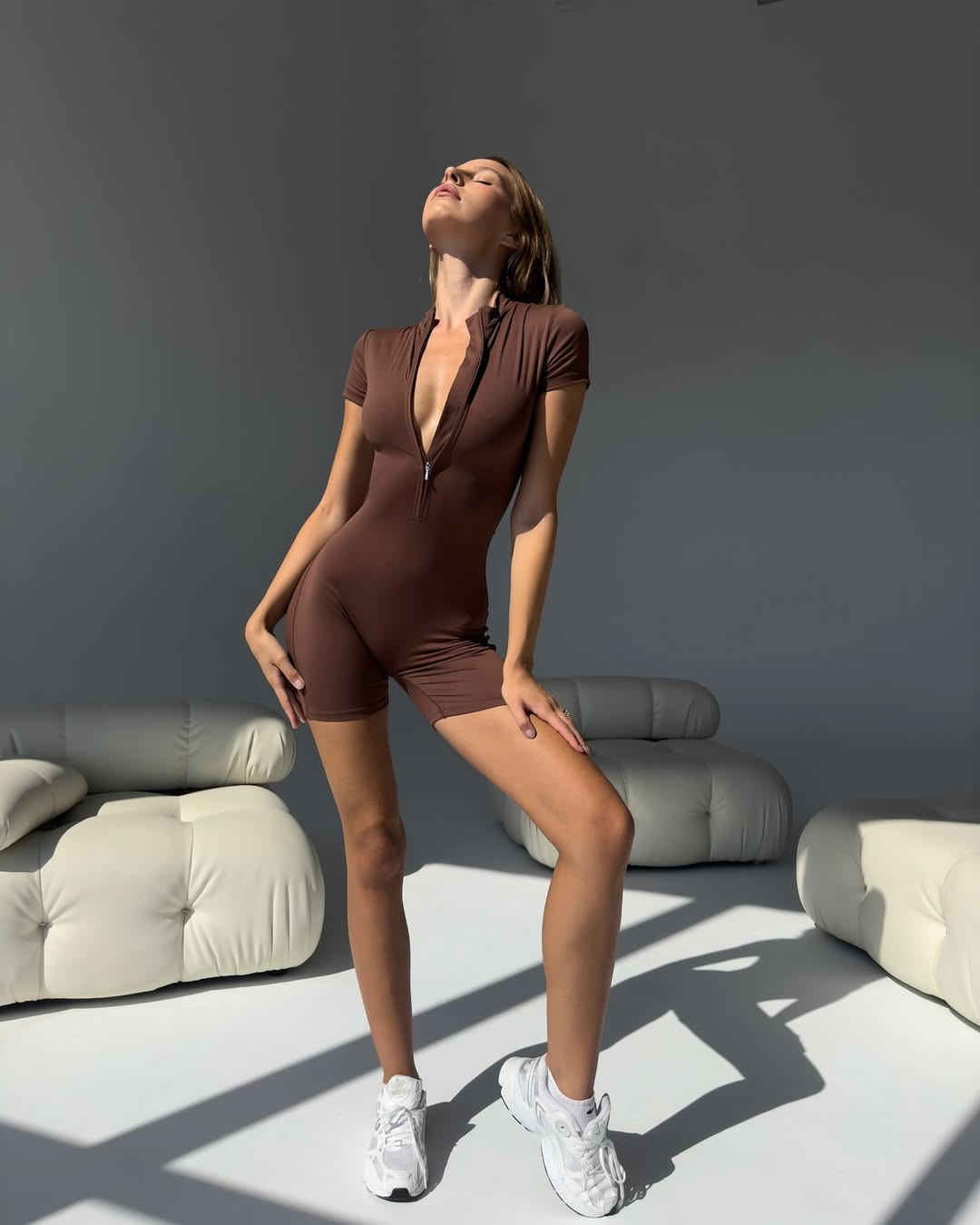 Nova Short-Sleeve Zip Romper in Brown