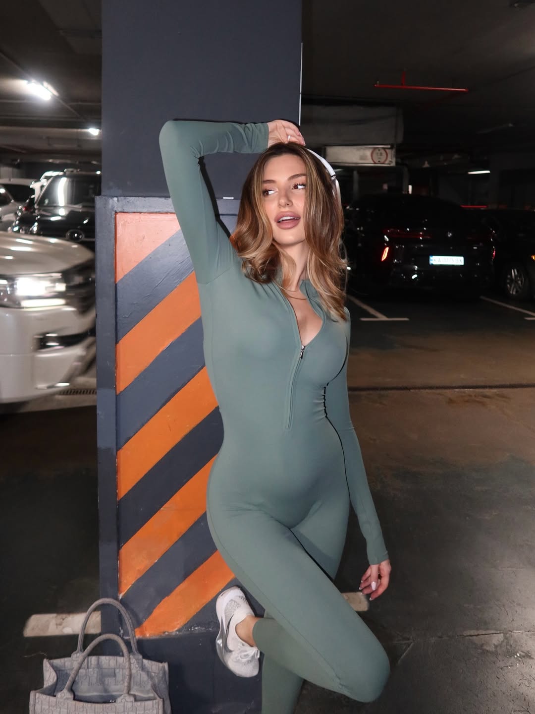 Pantera Zip-Front Long-Sleeve Jumpsuit in Khaki