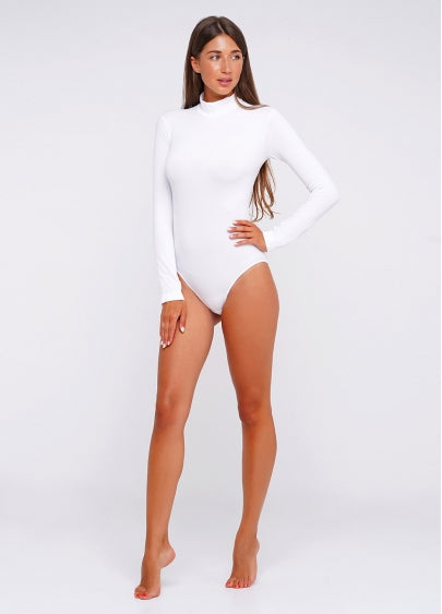 Seamless Turtleneck Long Sleeve Bodysuit in White