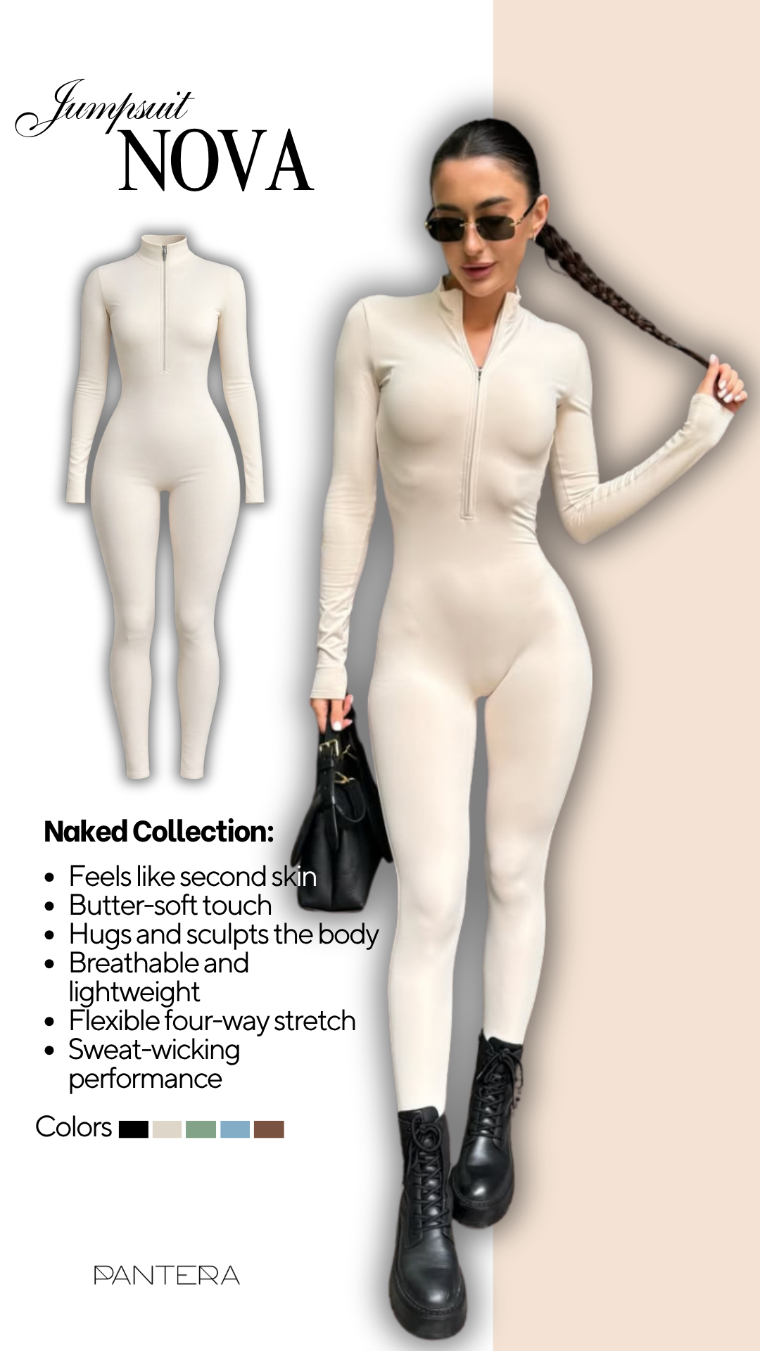 Nova Zip-Front Long-Sleeve Jumpsuit in Ivory