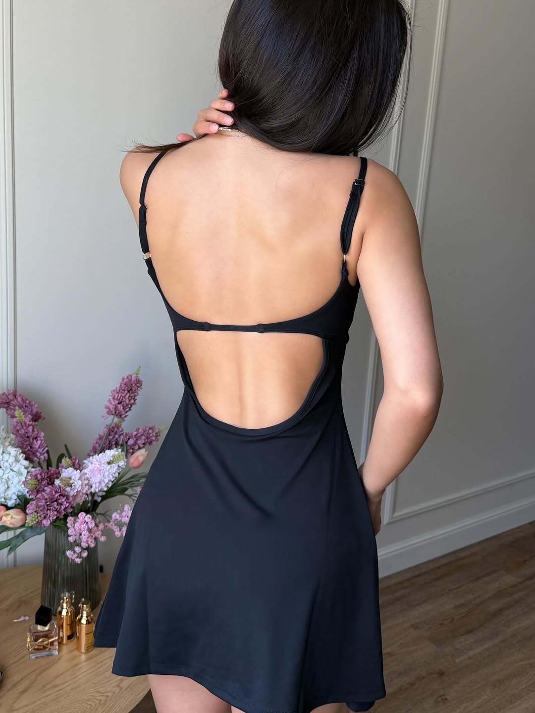 Pantera Open-Back Tennis Dress Jumpsuit in Black