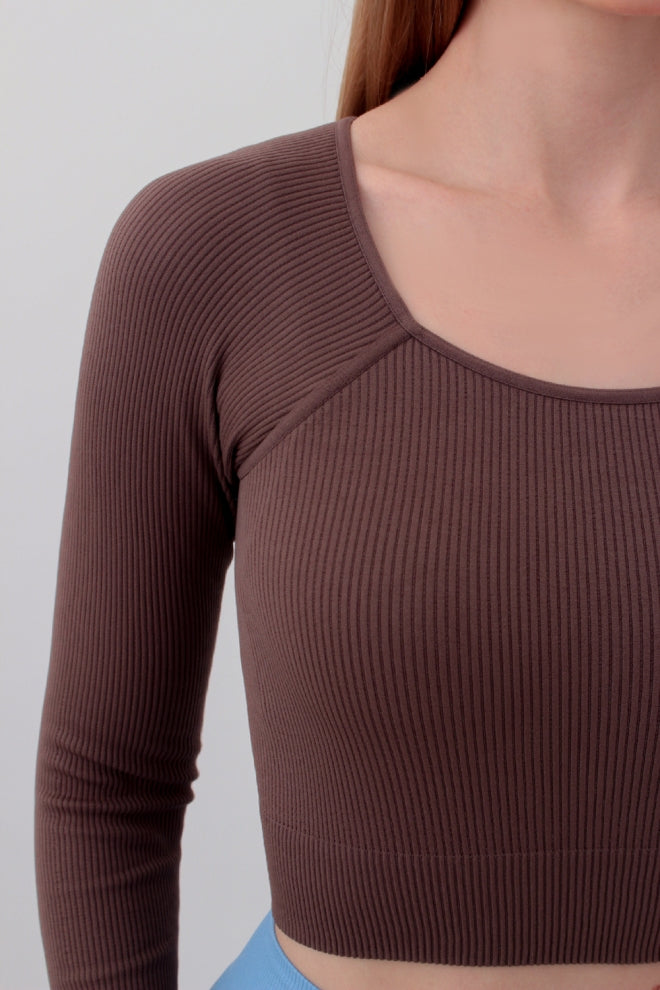 Seamless Ribbed Raglan Long Sleeve Crop Top in Brown