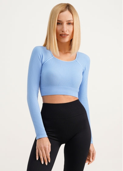 Seamless Ribbed Raglan Long Sleeve Crop Top in Baby Blue