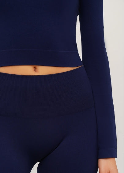 Seamless Cropped Long Sleeve Top in Navy Blue