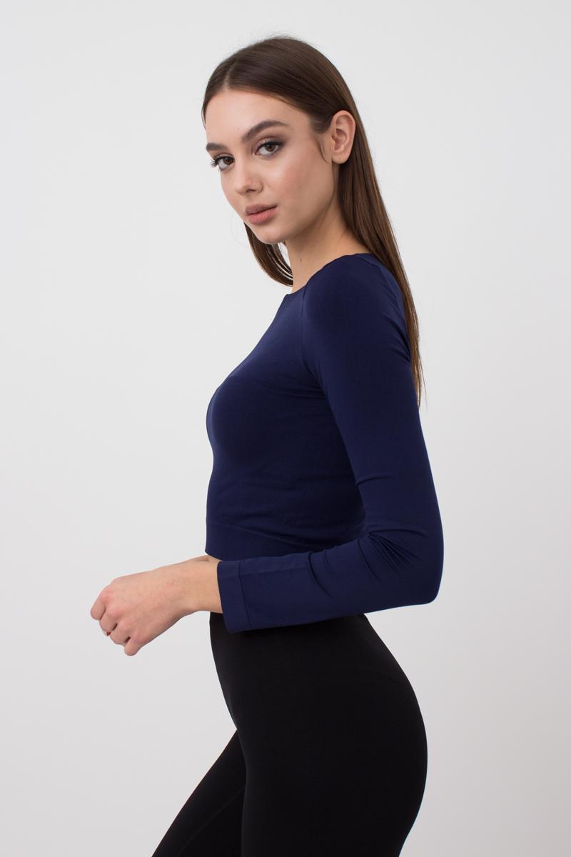 Seamless Cropped Long Sleeve Top in Navy Blue