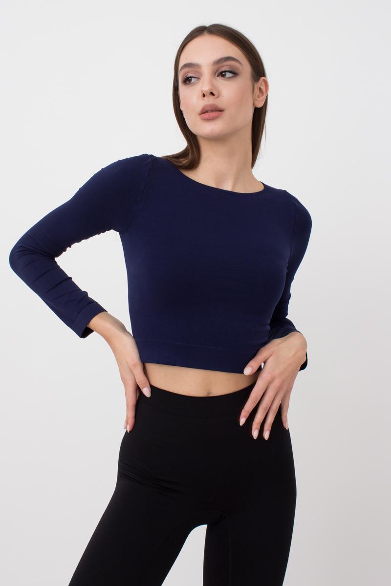 Seamless Cropped Long Sleeve Top in Navy Blue