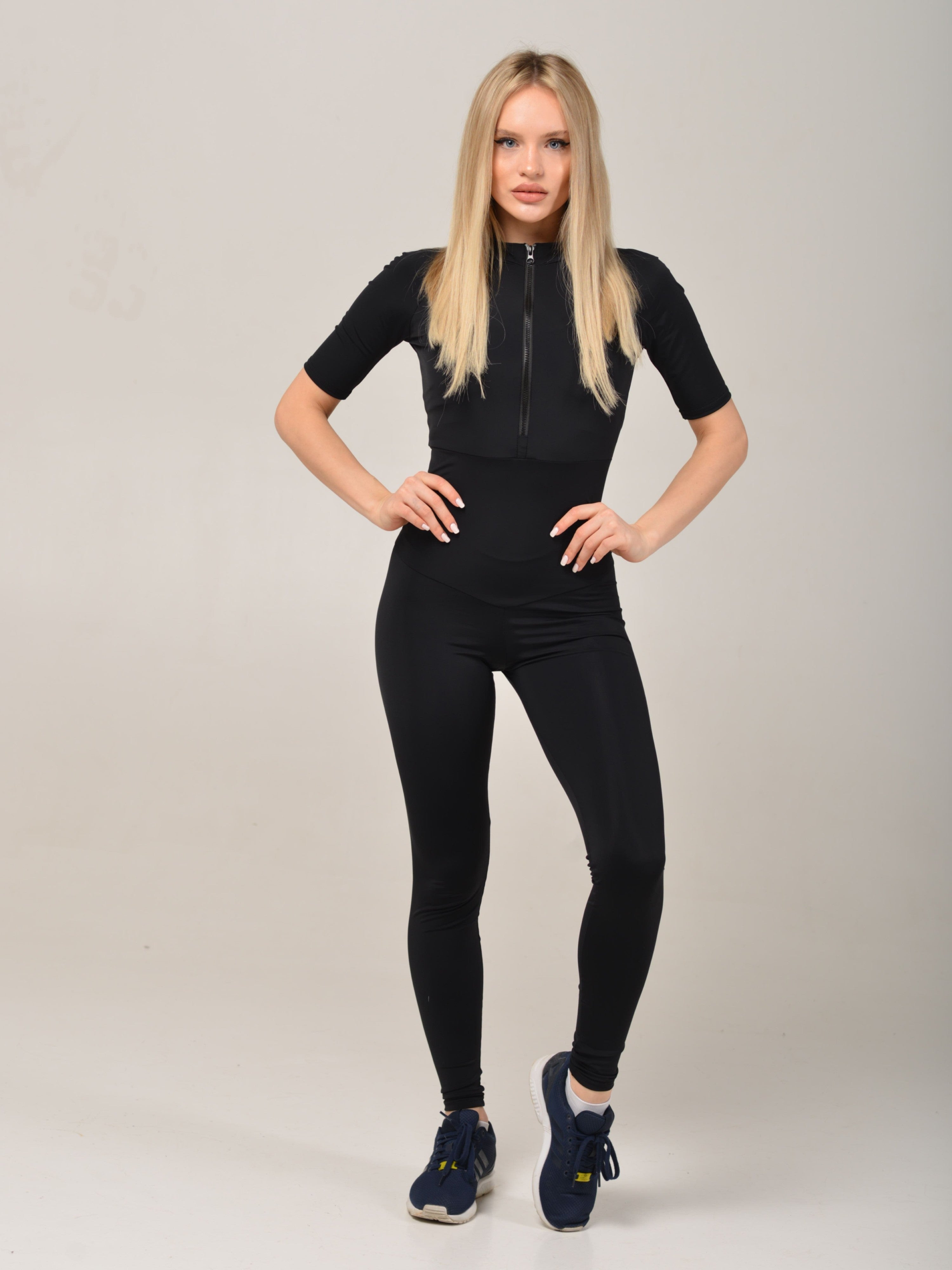 Streamline Short-Sleeve Zip-Up Jumpsuit in Black
