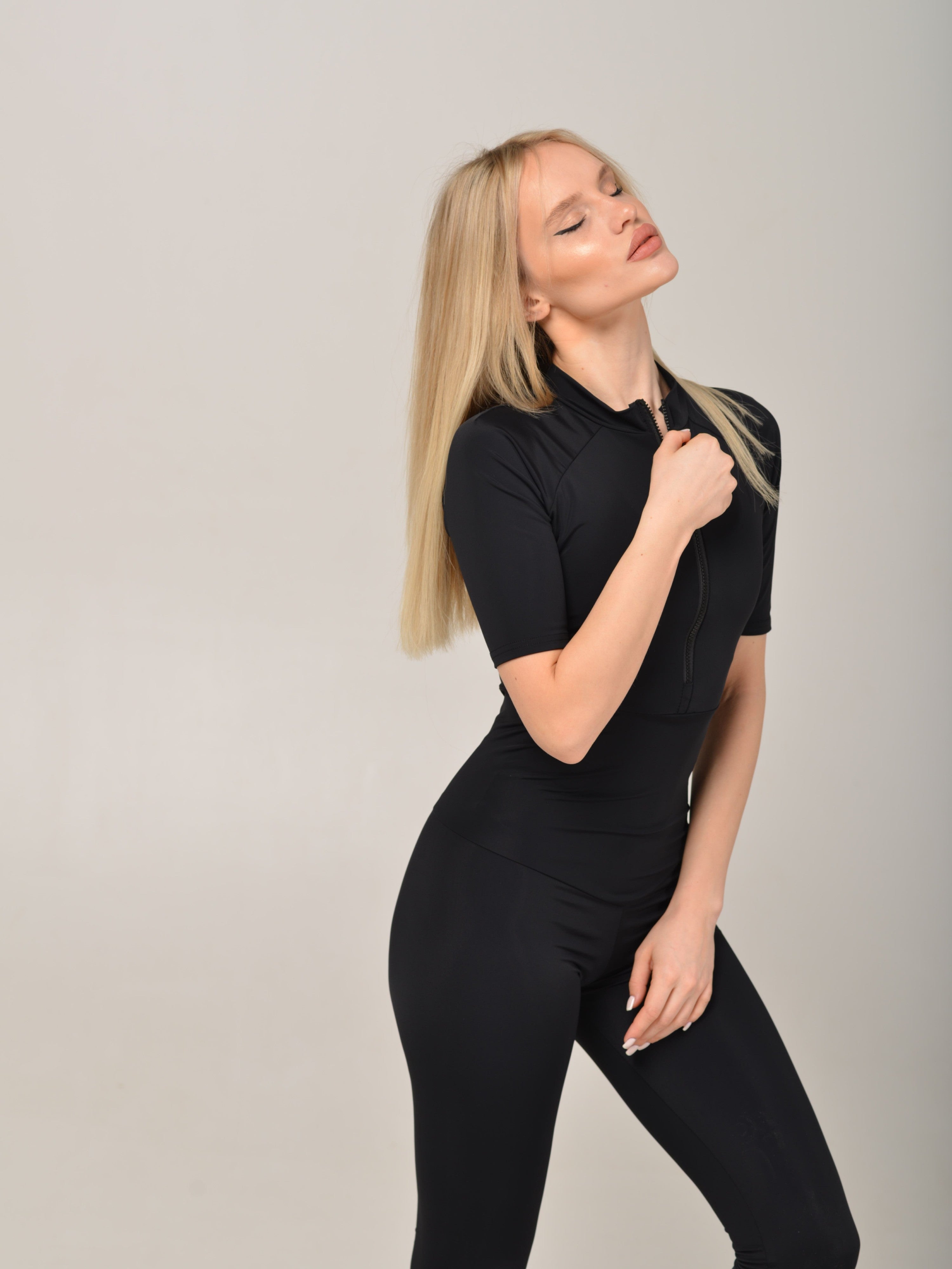 Streamline Short-Sleeve Zip-Up Jumpsuit in Black
