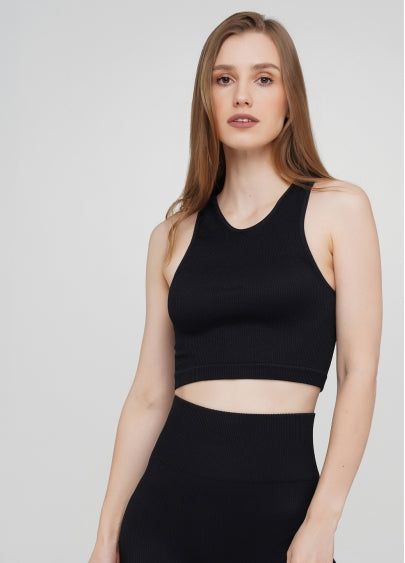 Seamless Ribbed Halter Crop Top in Black