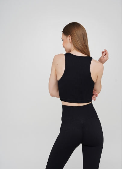 Seamless Ribbed Halter Crop Top in Black