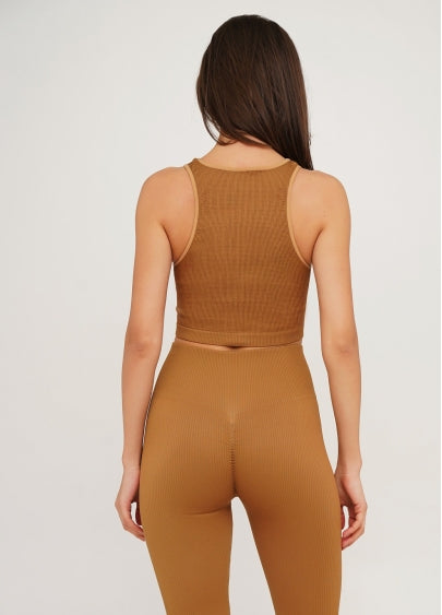 Seamless Ribbed Halter Crop Top in Light Brown