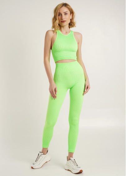 Seamless Ribbed Halter Crop Top in Neon Green