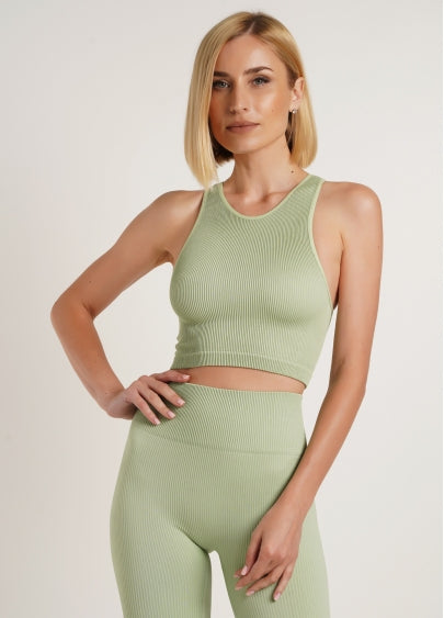 Seamless Ribbed Halter Crop Top in Light Green