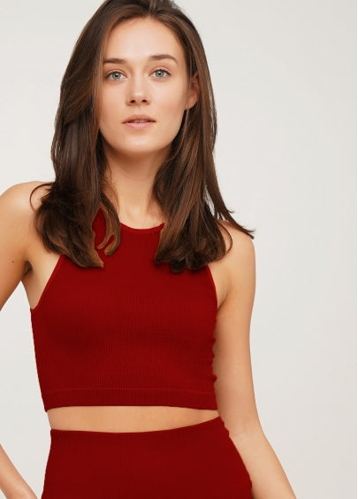 Seamless Ribbed Halter Crop Top in Wine