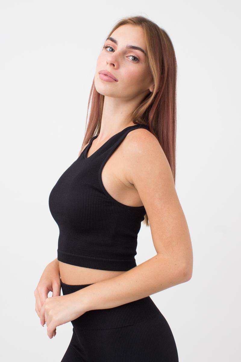 Seamless Ribbed Halter Crop Top in Black