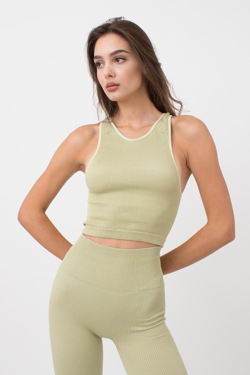 Seamless Ribbed Halter Crop Top in Light Olive