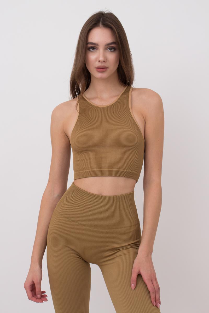 Seamless Ribbed Halter Crop Top in Light Brown