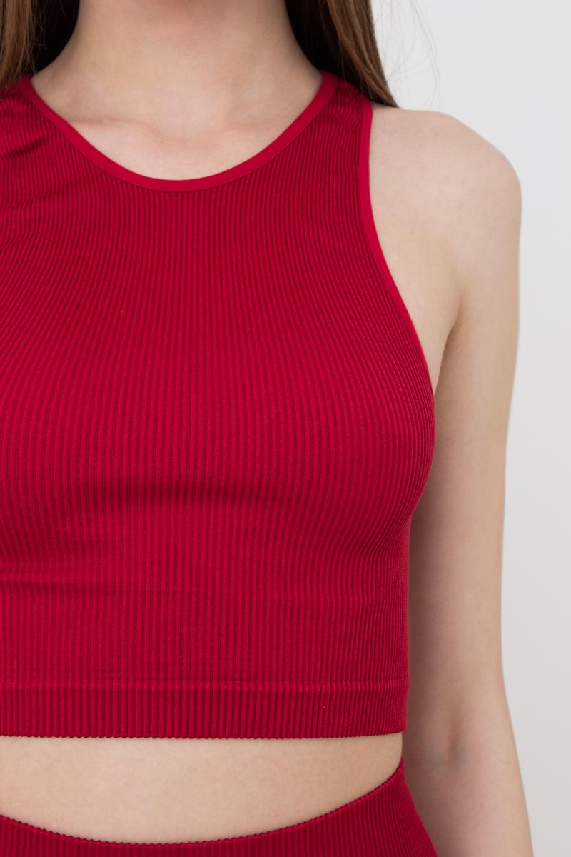 Seamless Ribbed Halter Crop Top in Wine