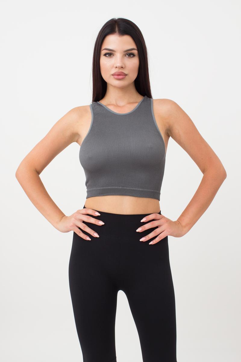 Seamless Ribbed Halter Crop Top in Dark Gray