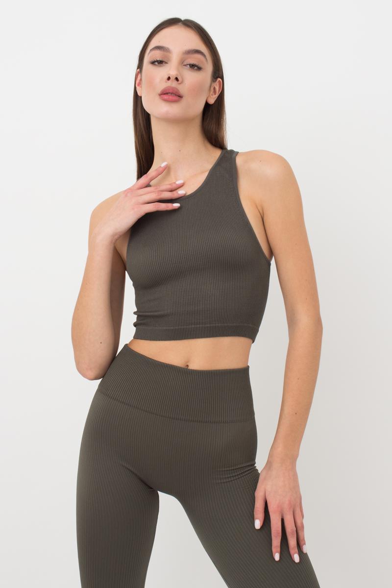 Seamless Ribbed Halter Crop Top in Khaki