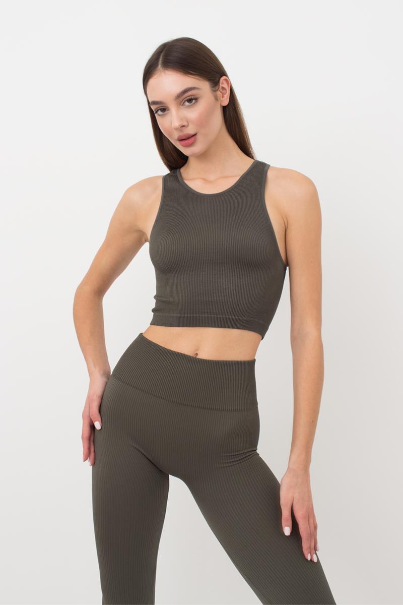 Seamless Ribbed Halter Crop Top in Khaki