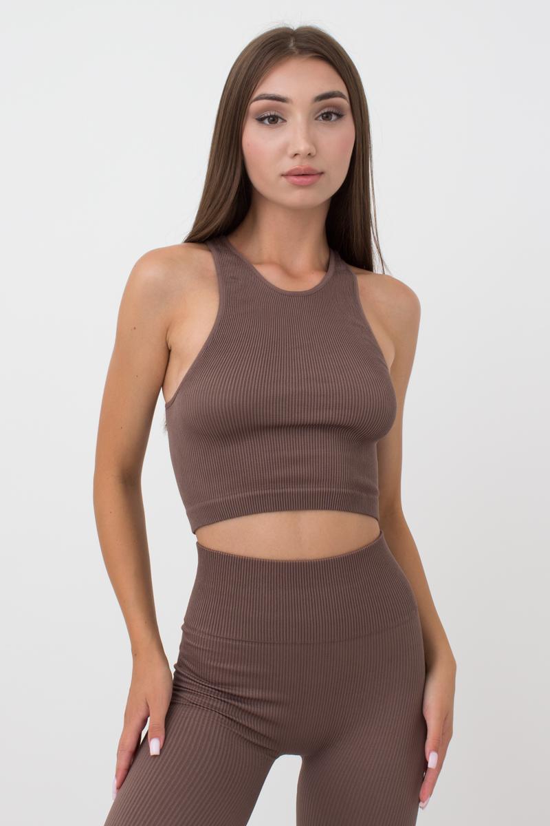 Seamless Ribbed Halter Crop Top in Brown