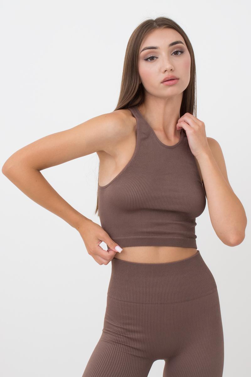 Seamless Ribbed Halter Crop Top in Brown