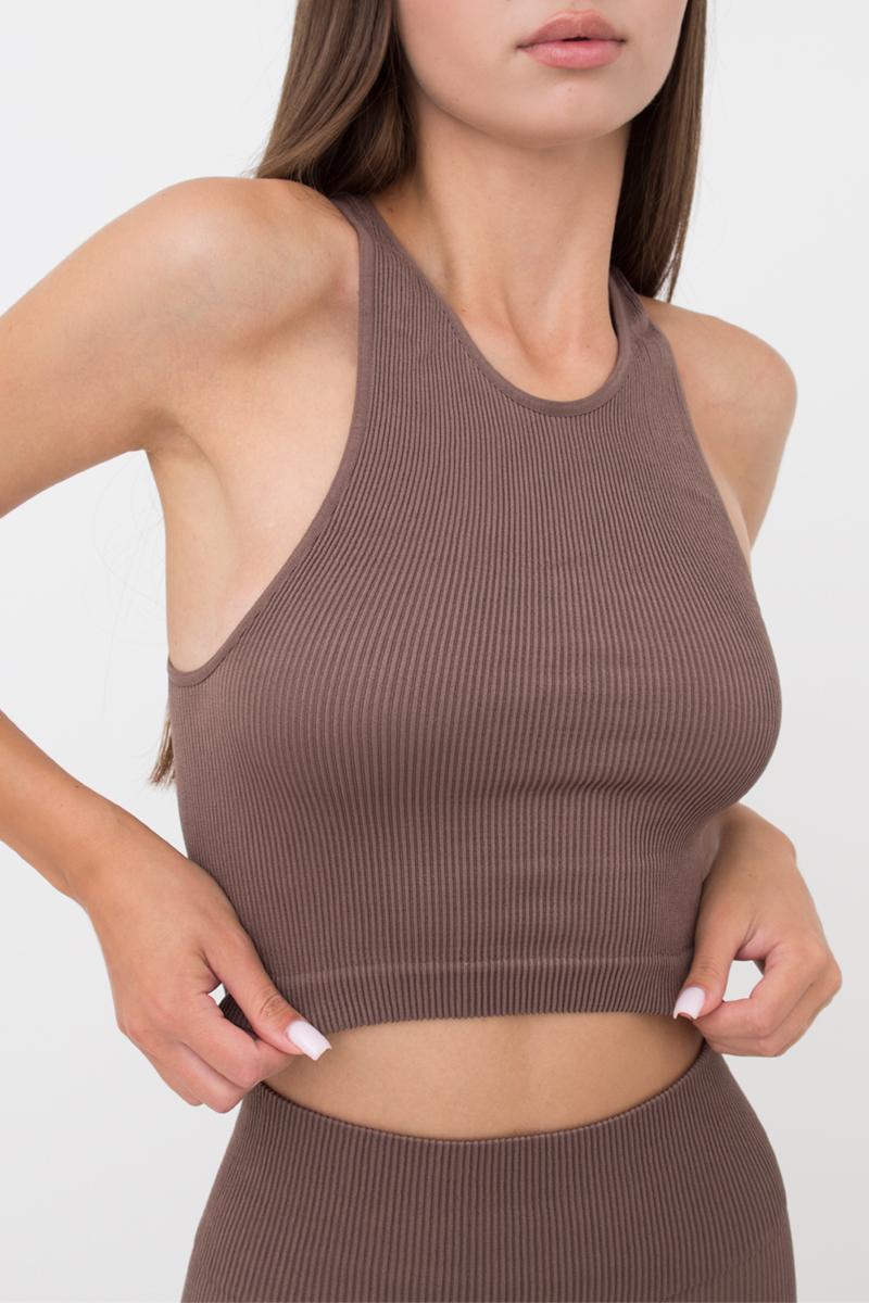 Seamless Ribbed Halter Crop Top in Brown