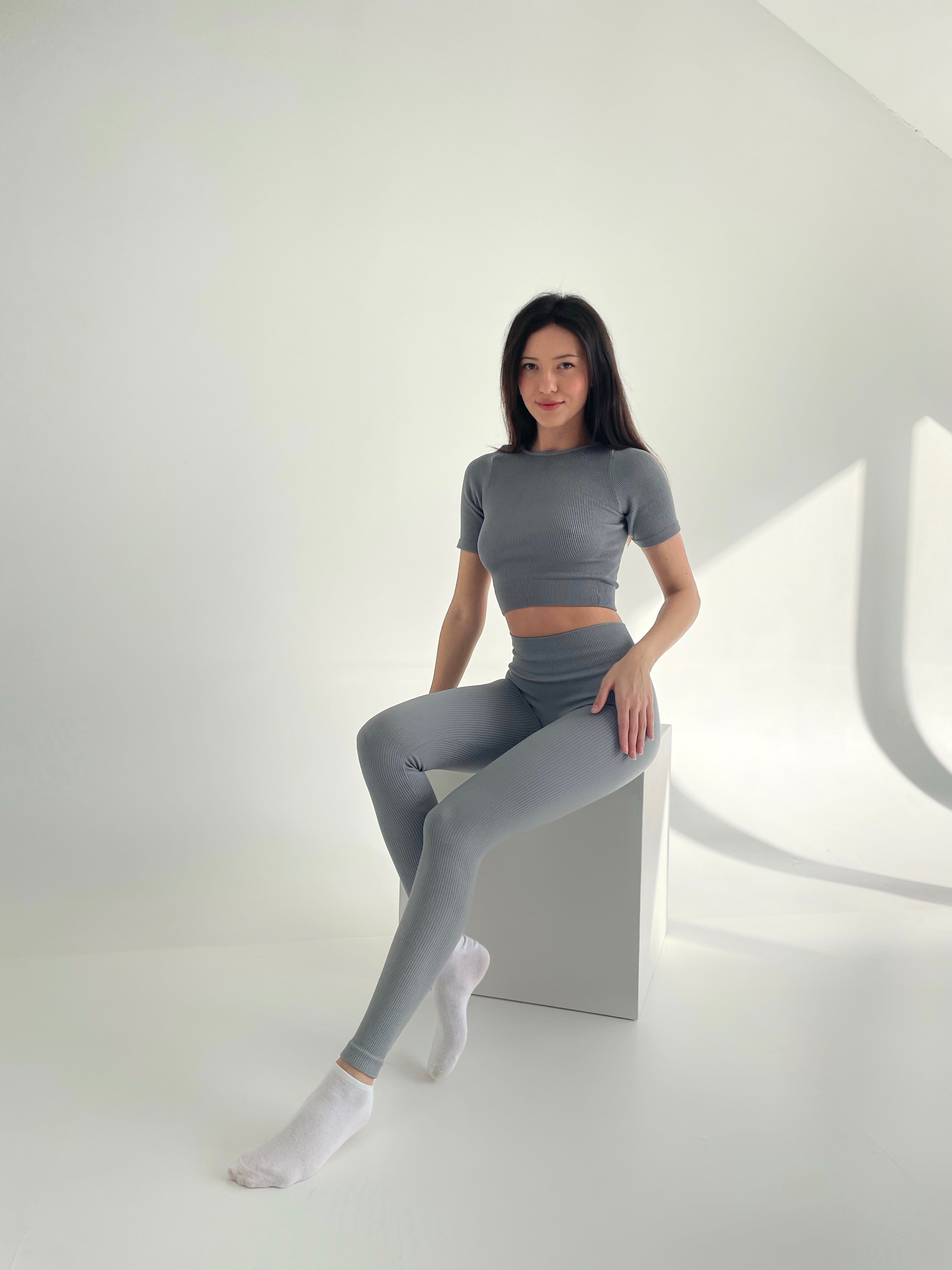 Seamless Ribbed Short Sleeve Crop Top in Gray