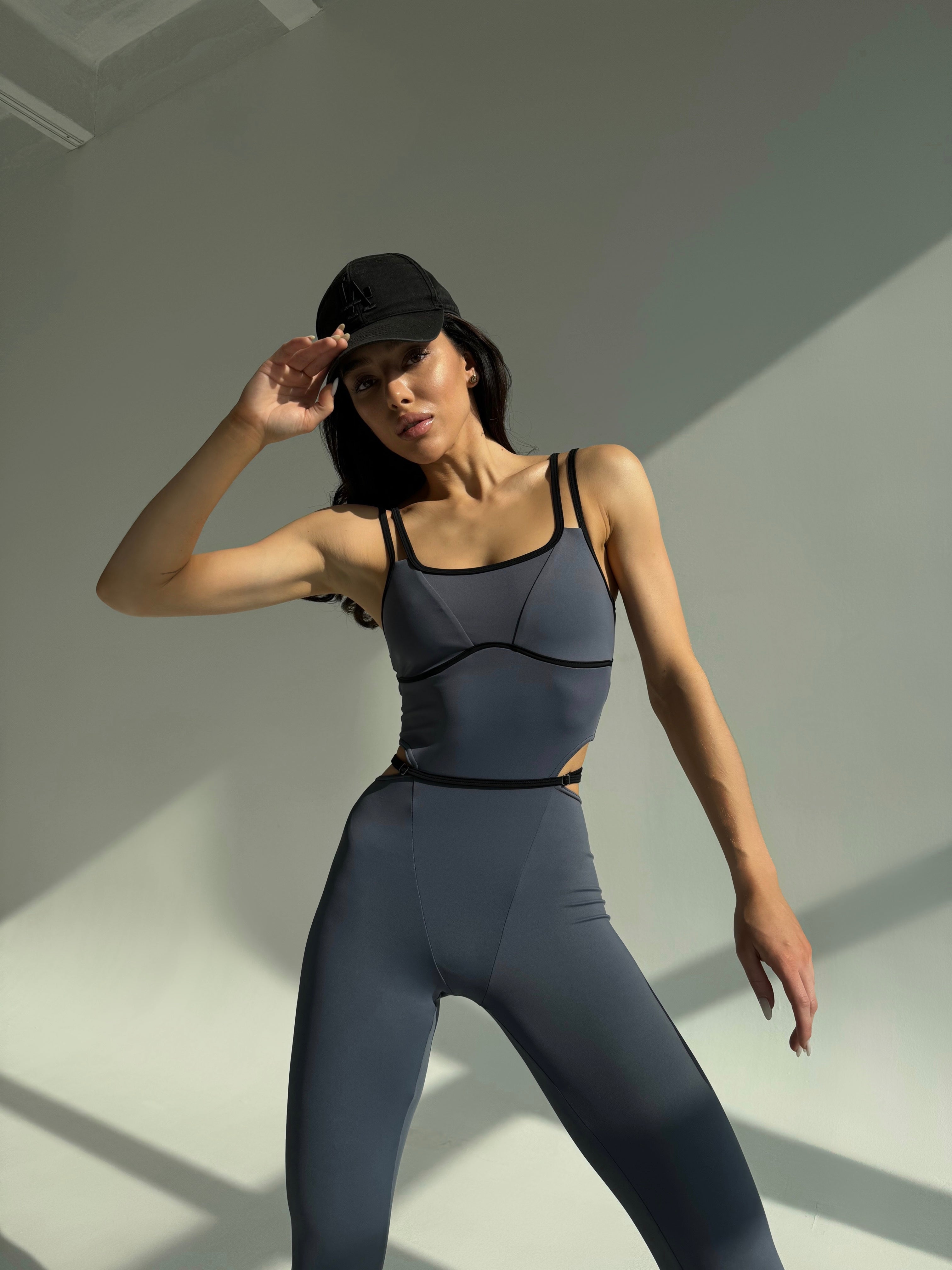 Galaxy Strappy Contour Cut Out Unitard Jumpsuit in Gray