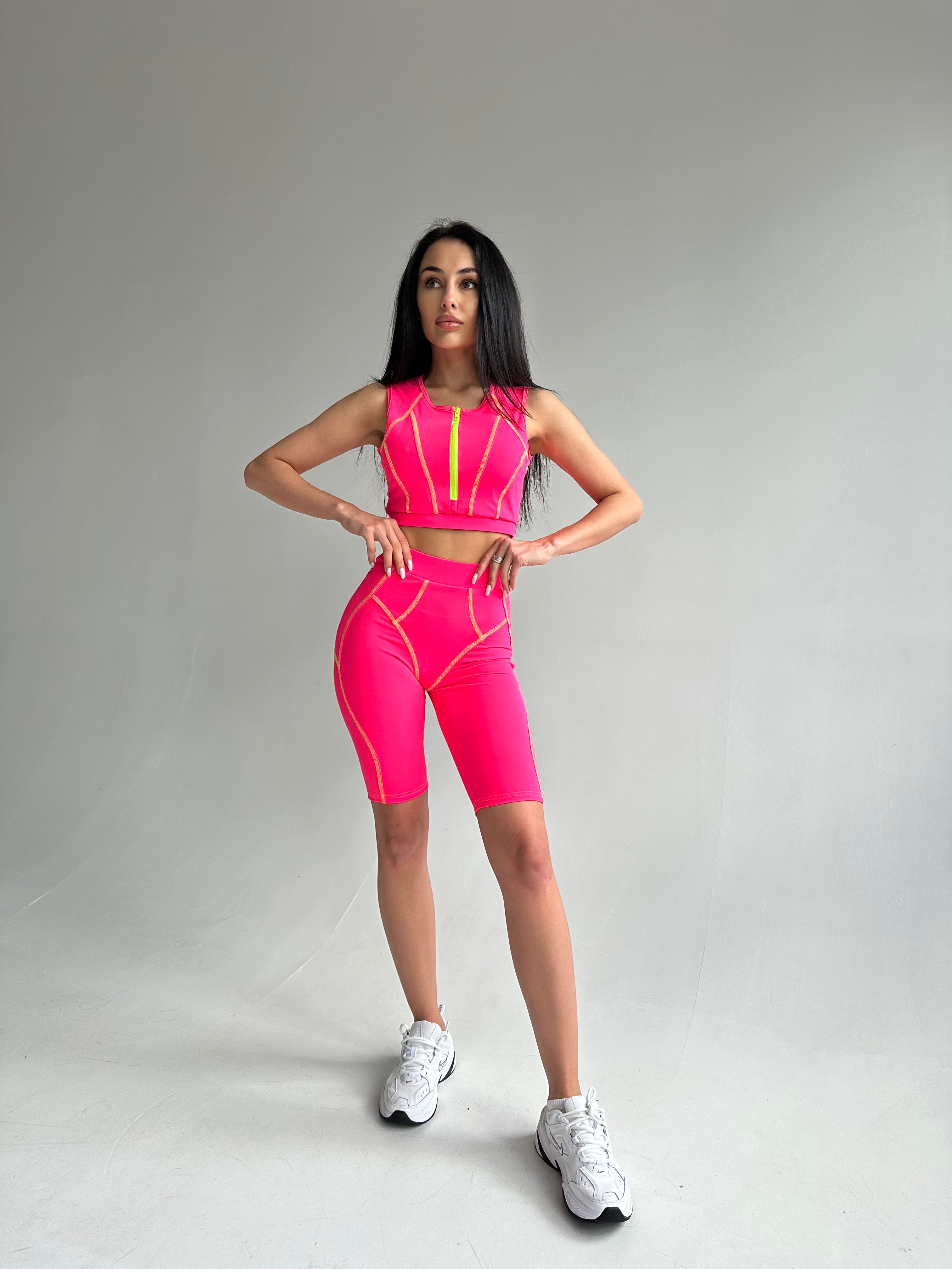 Galaxy Zip Contour Sleeveless Cropped Top in Neon Pink & Green