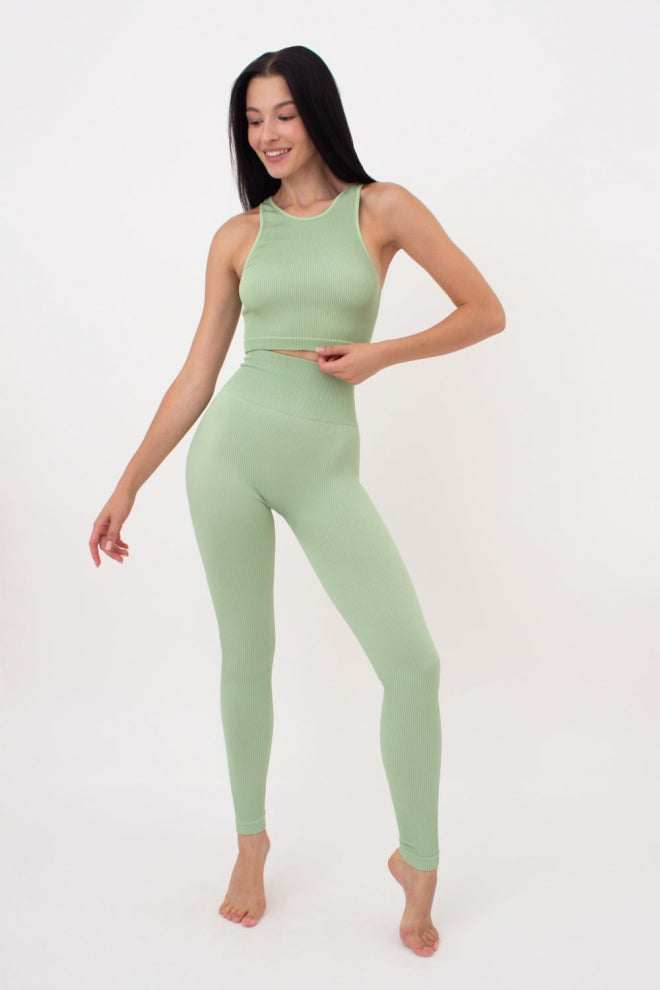 Seamless Ribbed Halter Crop Top in Light Green