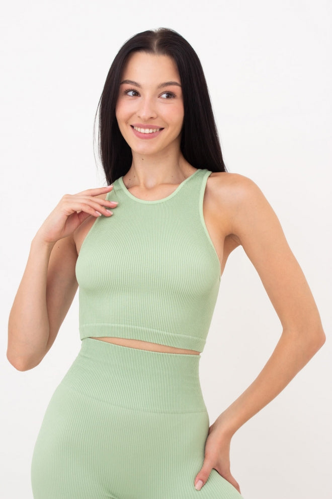 Seamless Ribbed Halter Crop Top in Light Green