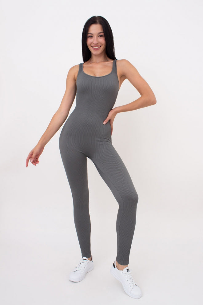 Seamless Ribbed Scoop Neck Unitard Jumpsuit in Dark Gray