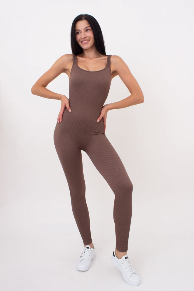 Seamless Ribbed Scoop Neck Unitard Jumpsuit in Chocolate