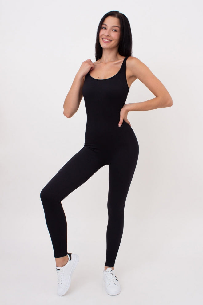 Seamless Ribbed Scoop Neck Unitard Jumpsuit in Black