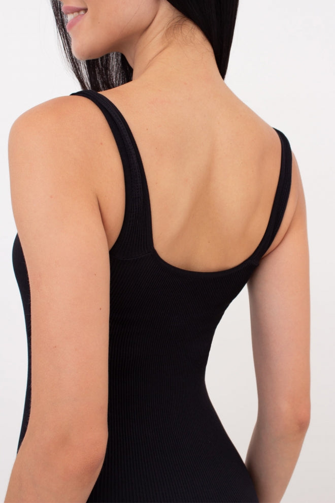 Seamless Ribbed Scoop Neck Unitard Jumpsuit in Black