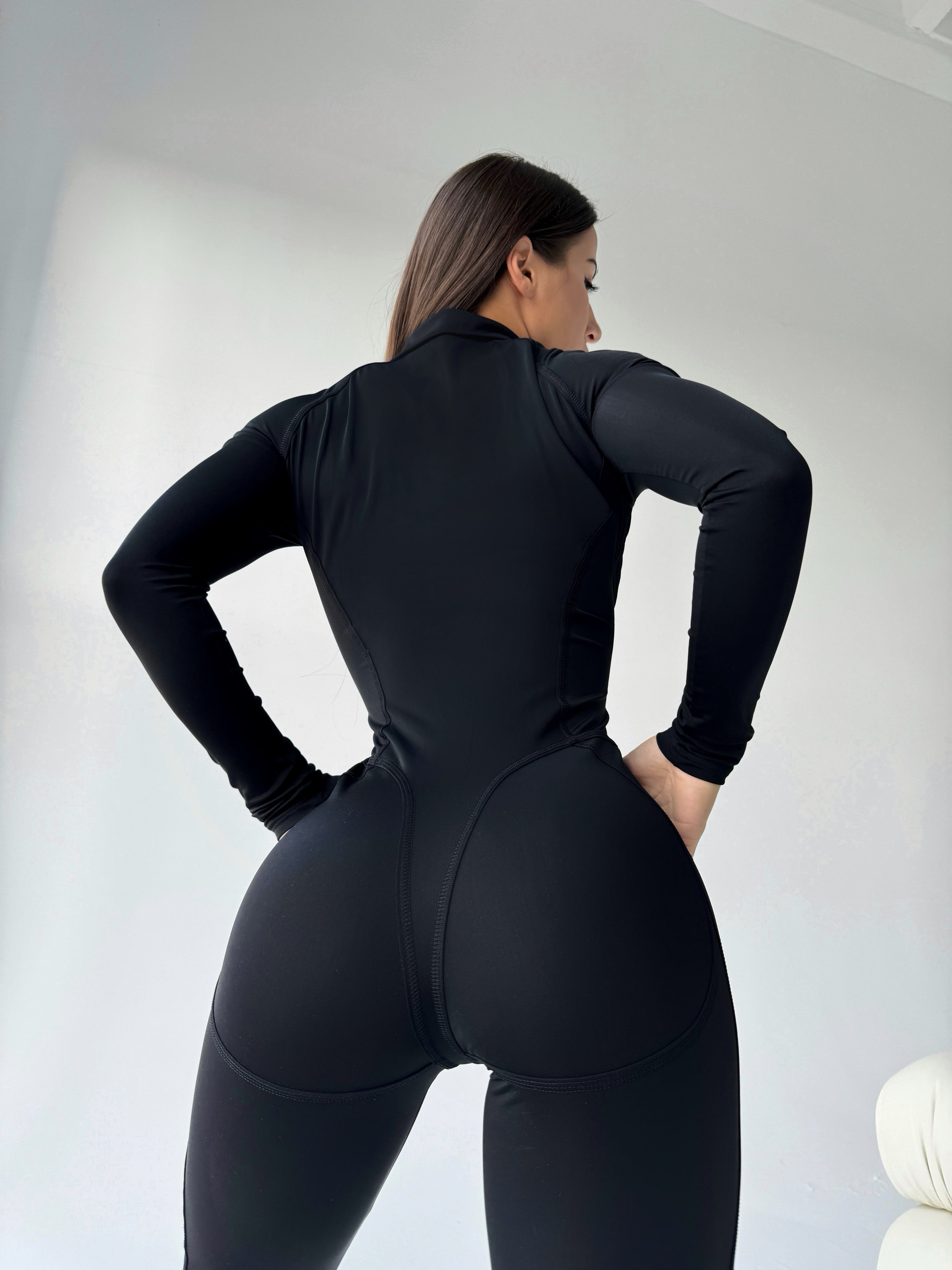 Galaxy Zip Contrast Contour Seam Long Sleeve Jumpsuit in Black