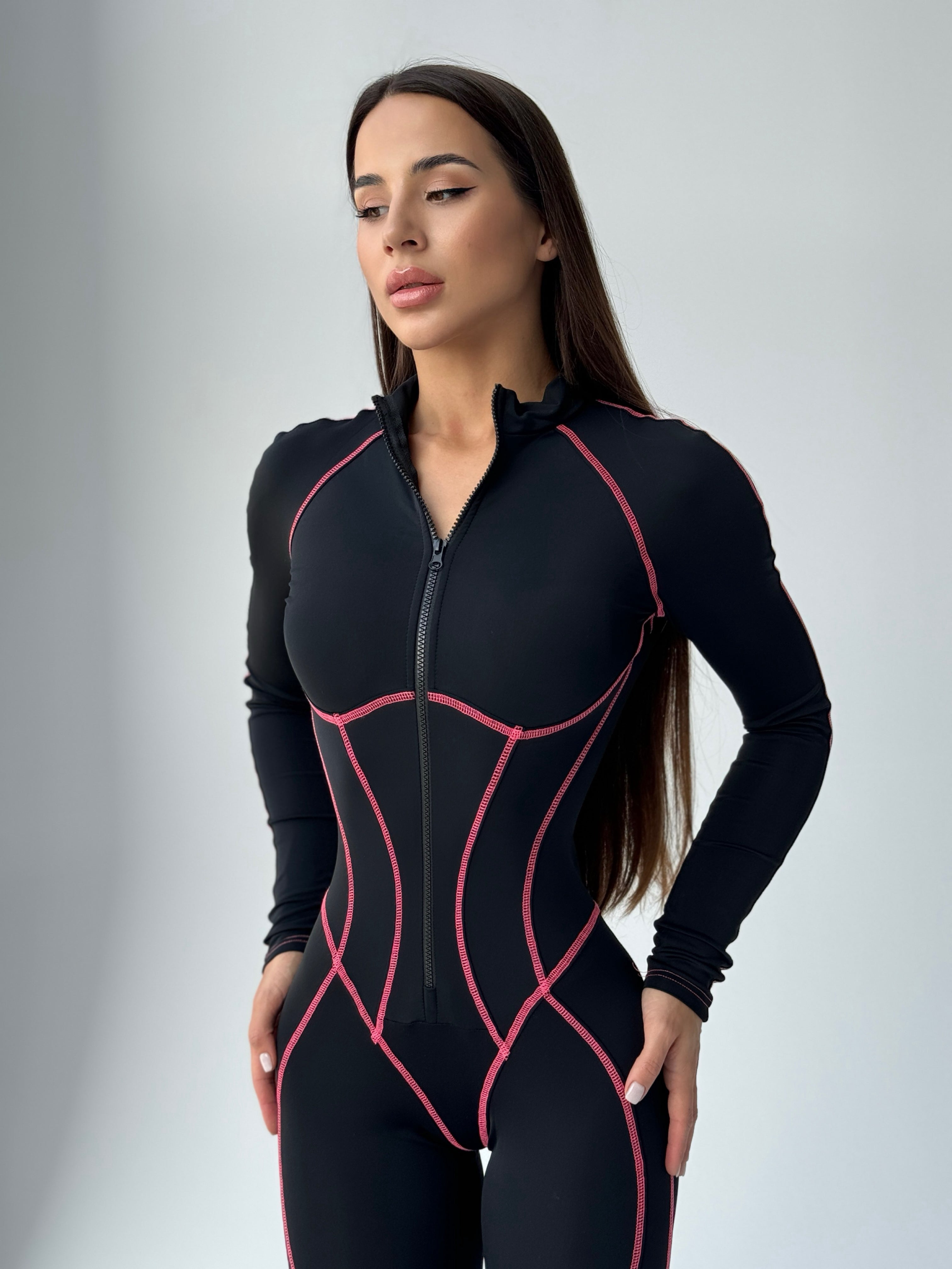 Galaxy Zip Contrast Contour Seam Long Sleeve Jumpsuit in Black and Neon Pink