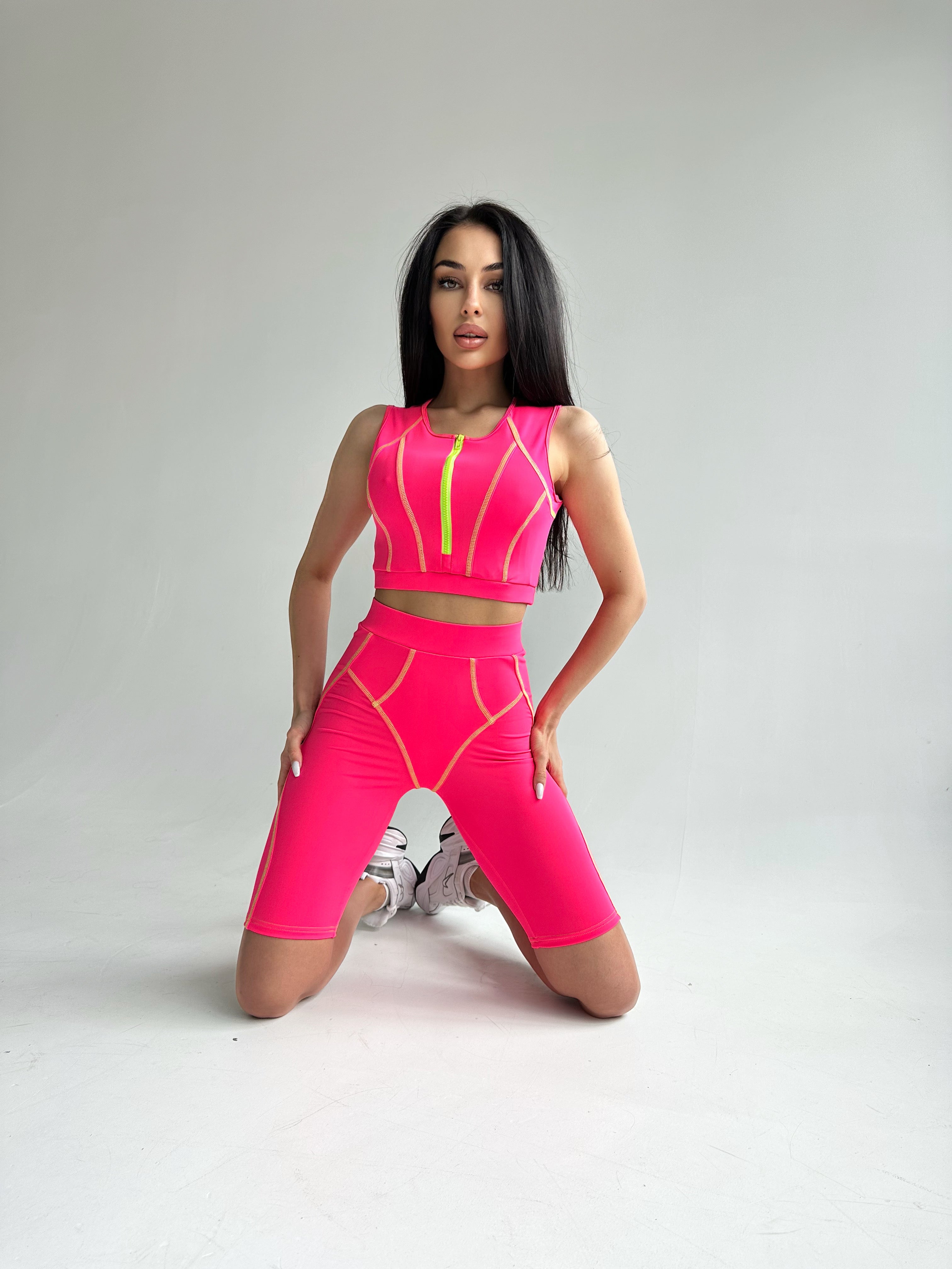 Galaxy Zip Contour Sleeveless Cropped Top in Neon Pink & Green