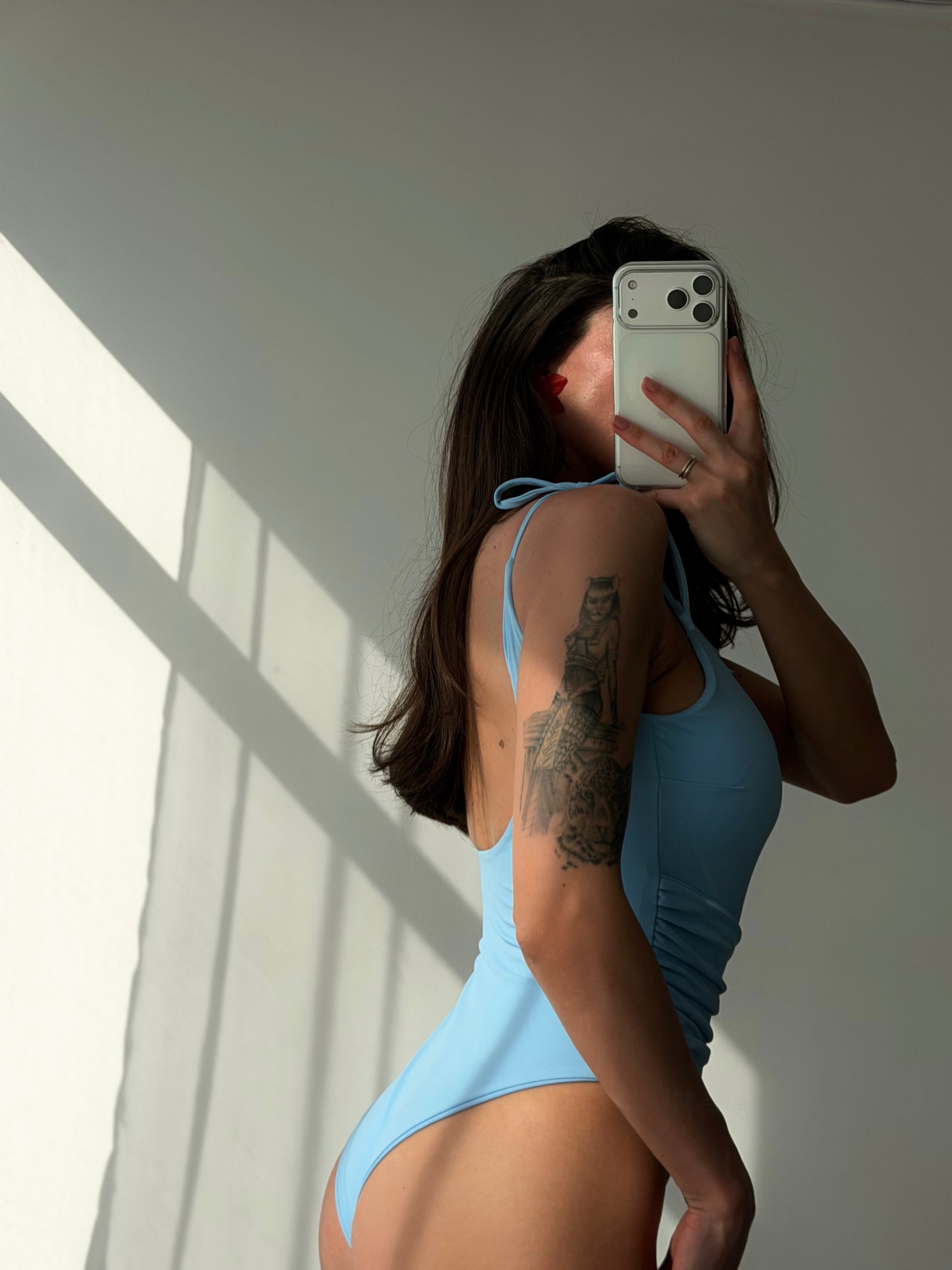 Sahara Plunge Shoulder Tie One Piece in Baby Blue