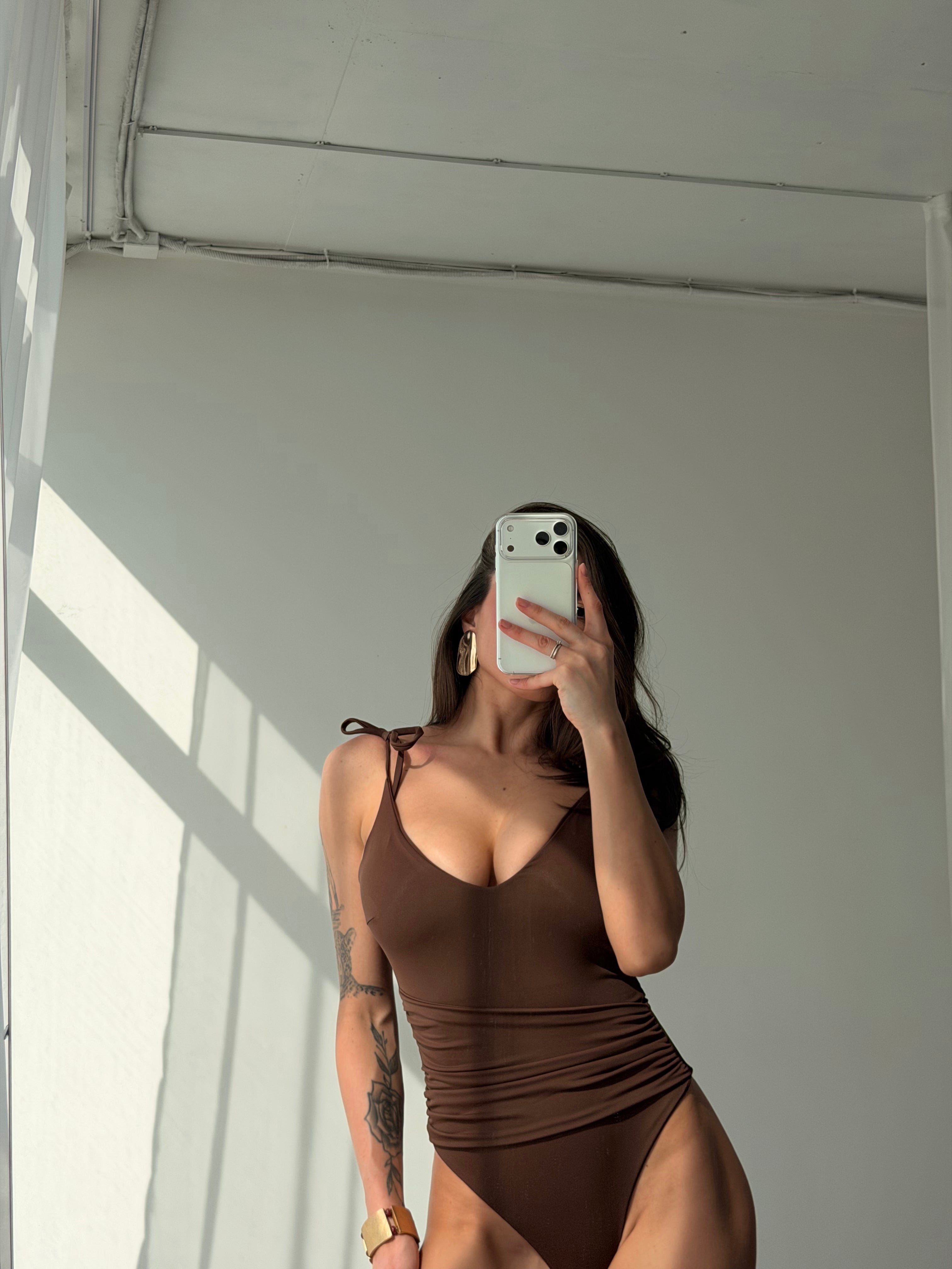 Sahara Plunge Shoulder Tie One Piece in Chocolate