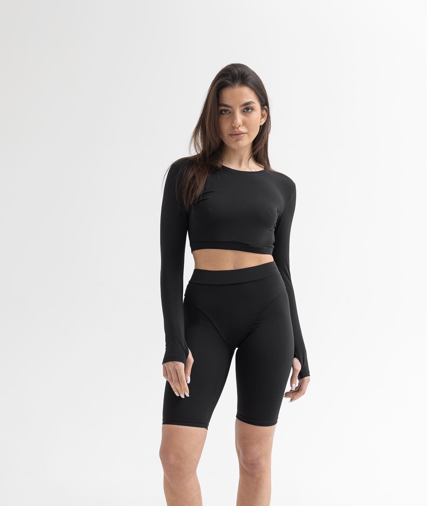 Galaxy Long Sleeve Thumbhole Cropped Top in Black