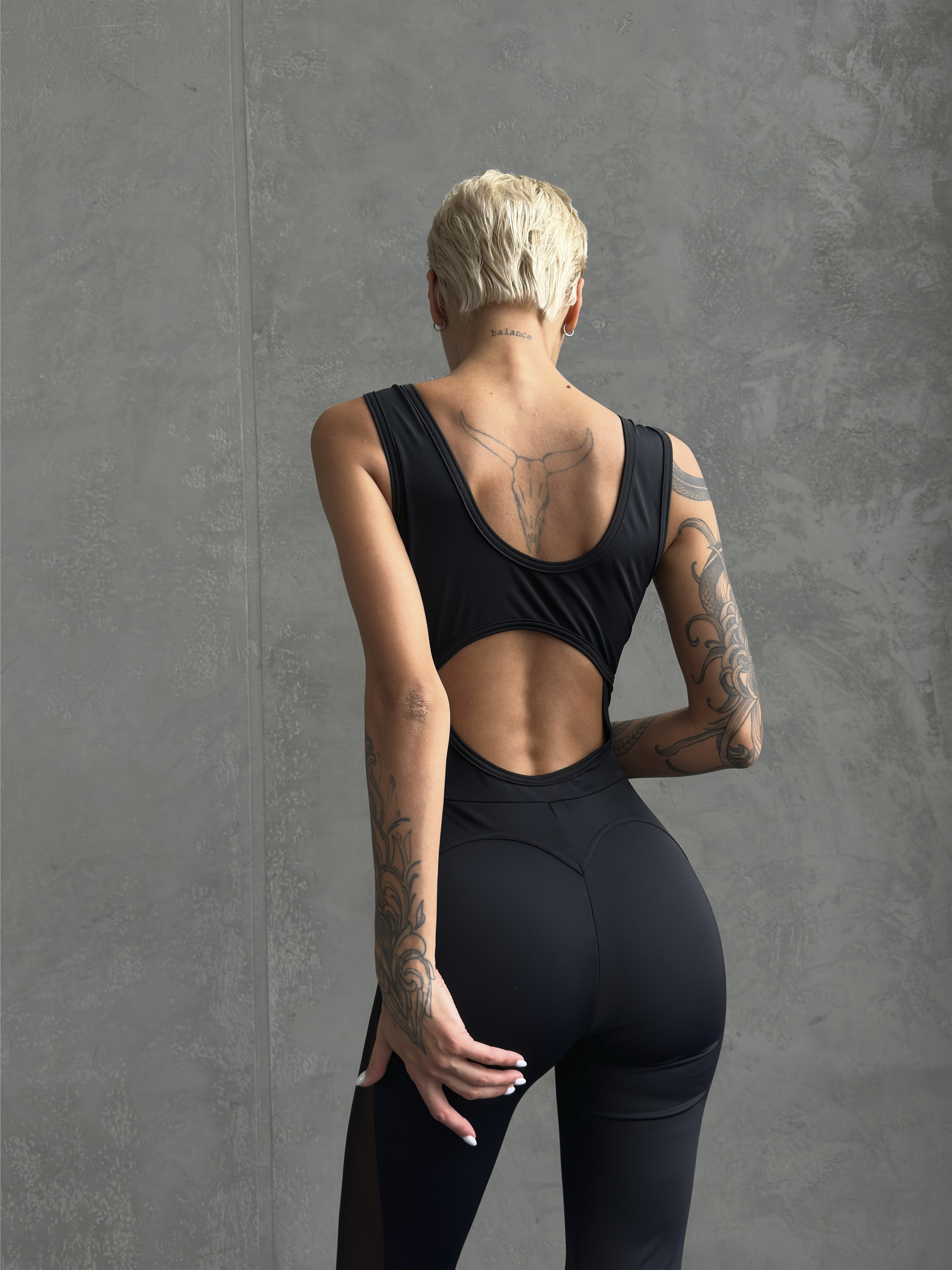 Galaxy Mesh Insert Cut Out Back Unitard Jumpsuit in Black