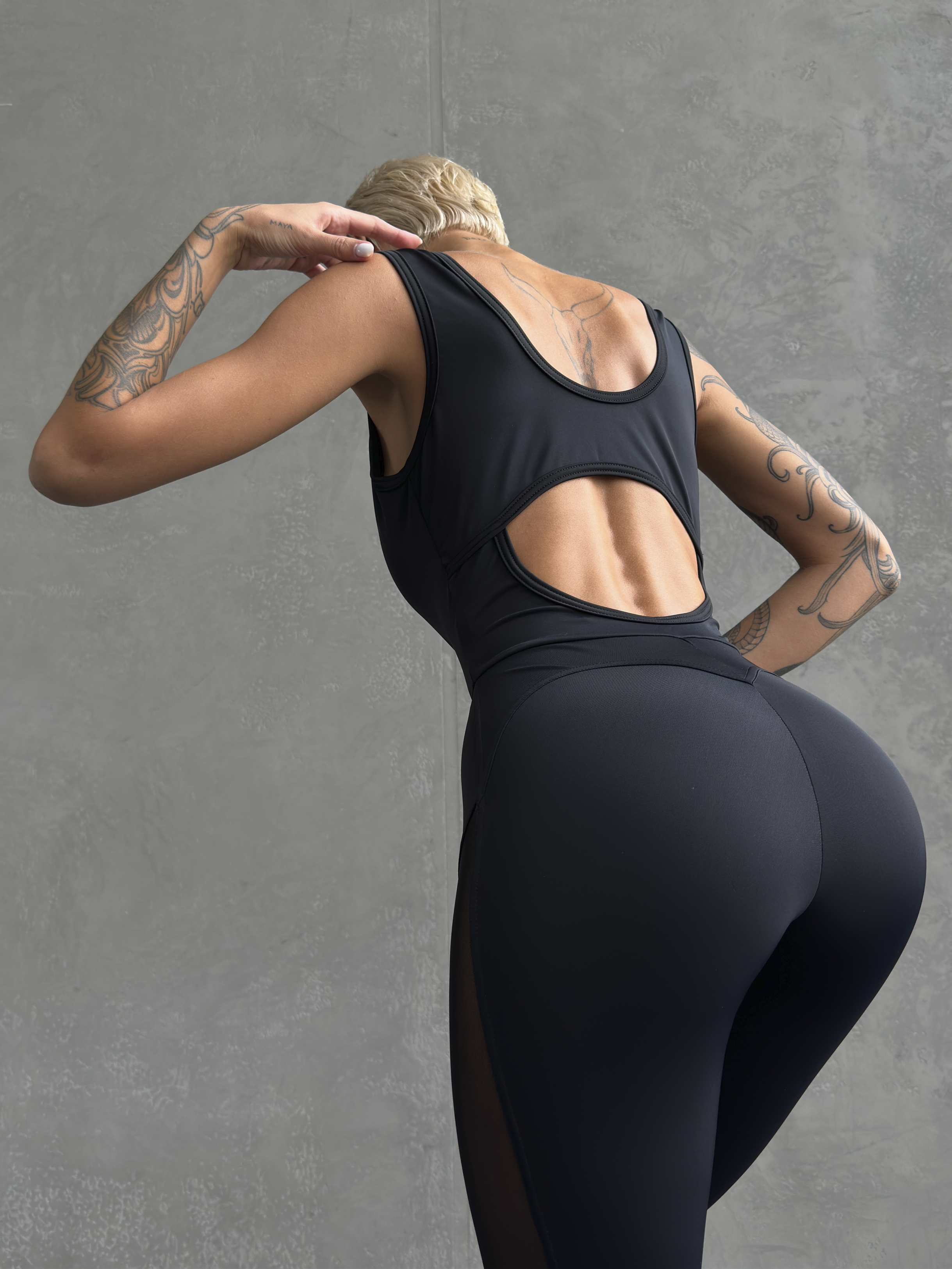 Galaxy Mesh Insert Cut Out Back Unitard Jumpsuit in Black