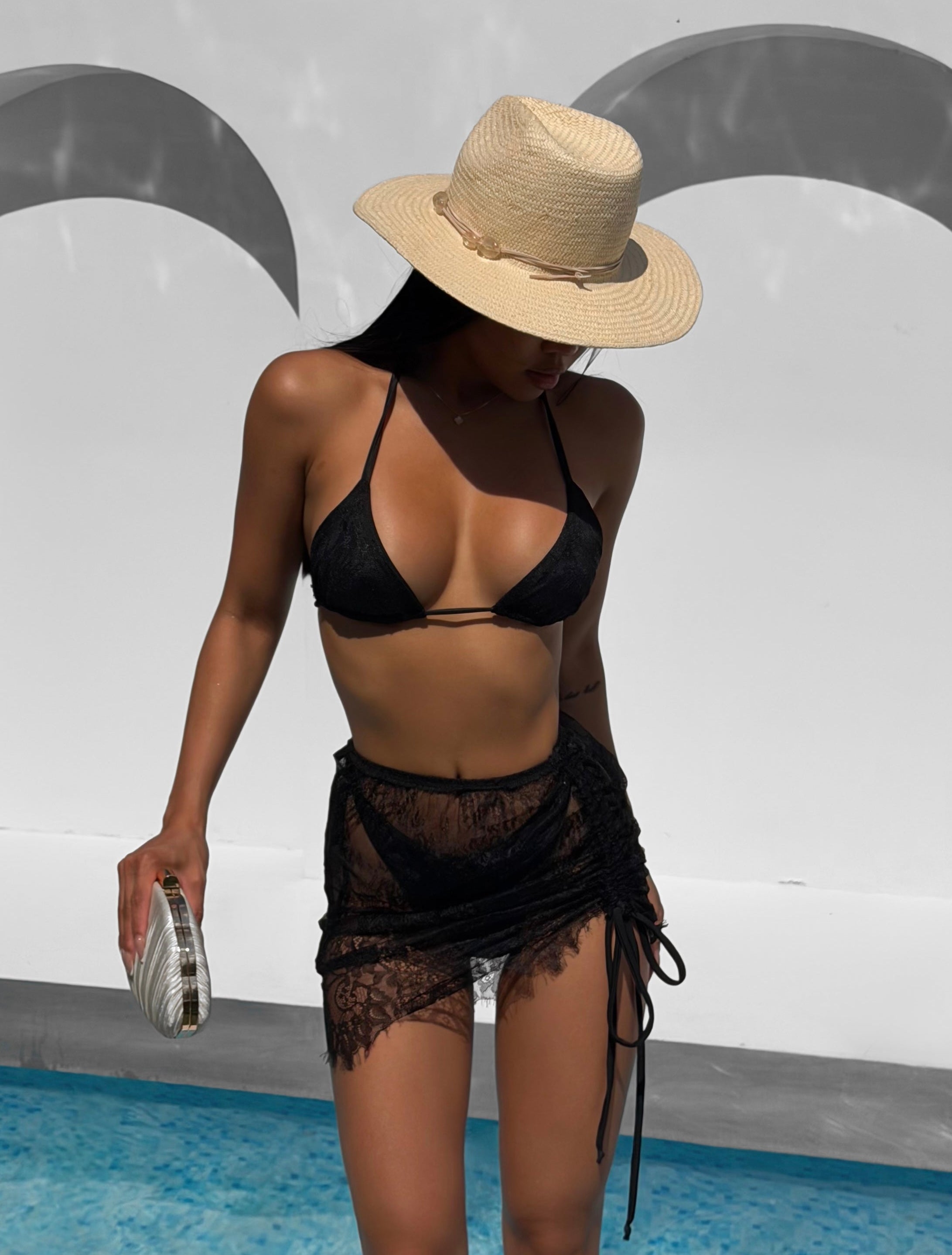 Sharni Lace 3-Piece Triangle Bikini Set with Drawstring Beach Skirt in Black